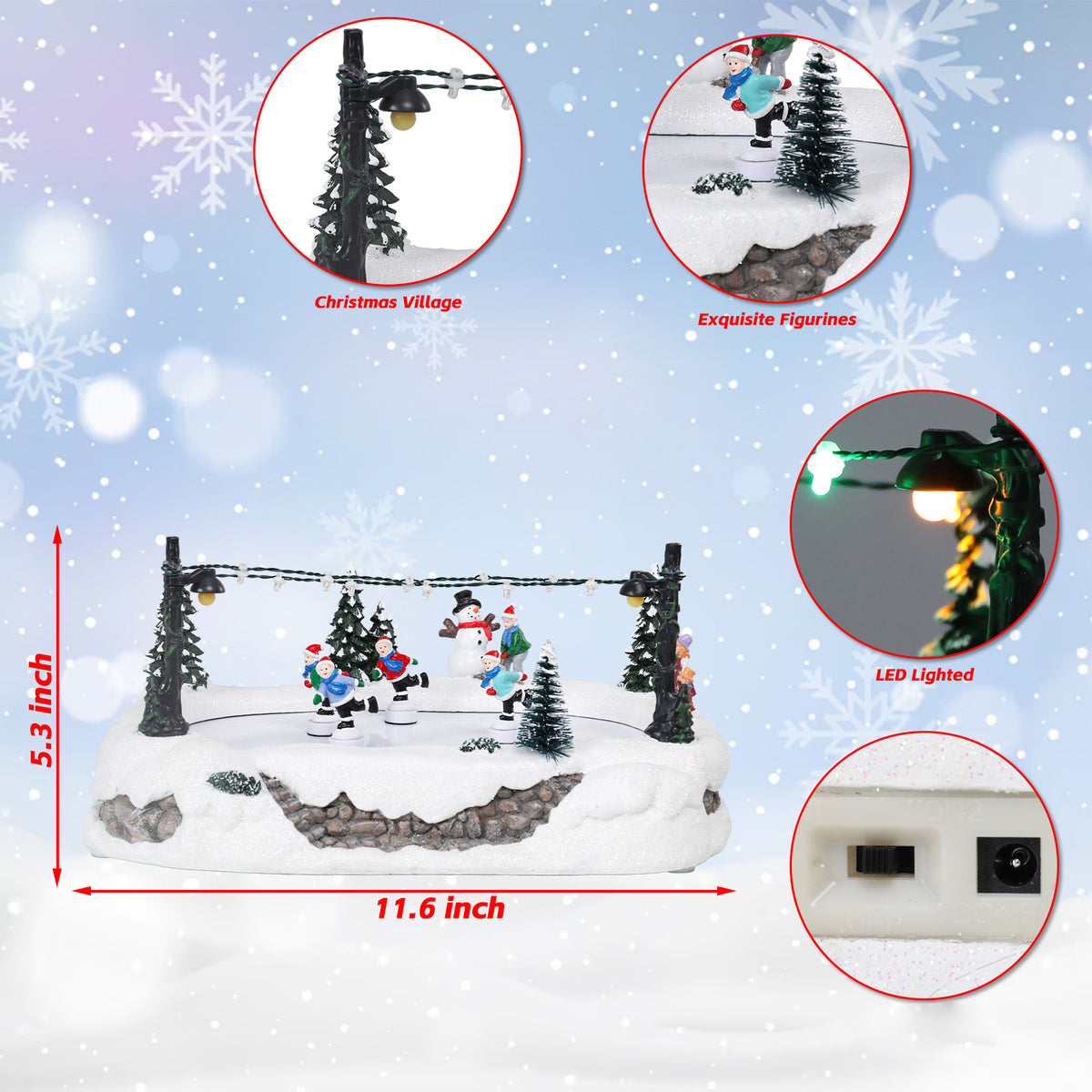 Christmas Village-Christmas Village Ice Skating Scene Decor with LED Lights,Festive Tabletop Decoration Featuring Skaters, Snowman & Trees, Ideal for Indoor Holiday Decor,Christmas Electric Decor