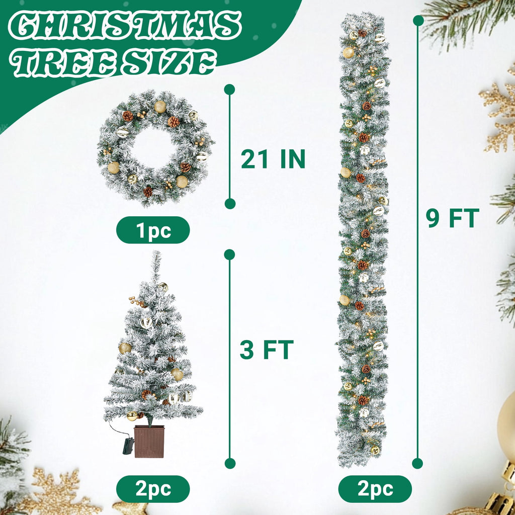Pre-Lit Christmas Tree Decorations Set, 4 Pcs Indoor Outdoor Christmas Decorations W/ 2 Lighted Christmas Trees Wreath Garland, Artificial Christmas Xmas Decorations with 10 Light Modes, Dark Green