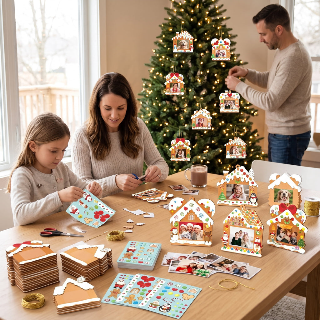 28 Pack Christmas Picture Frame Craft Kits for Kids, Xmas DIY Gingerbread House Candy Photo Craft Christmas Hanging Frame Ornaments for Xmas Tree Holiday Art Decorations Home Class Game Activities