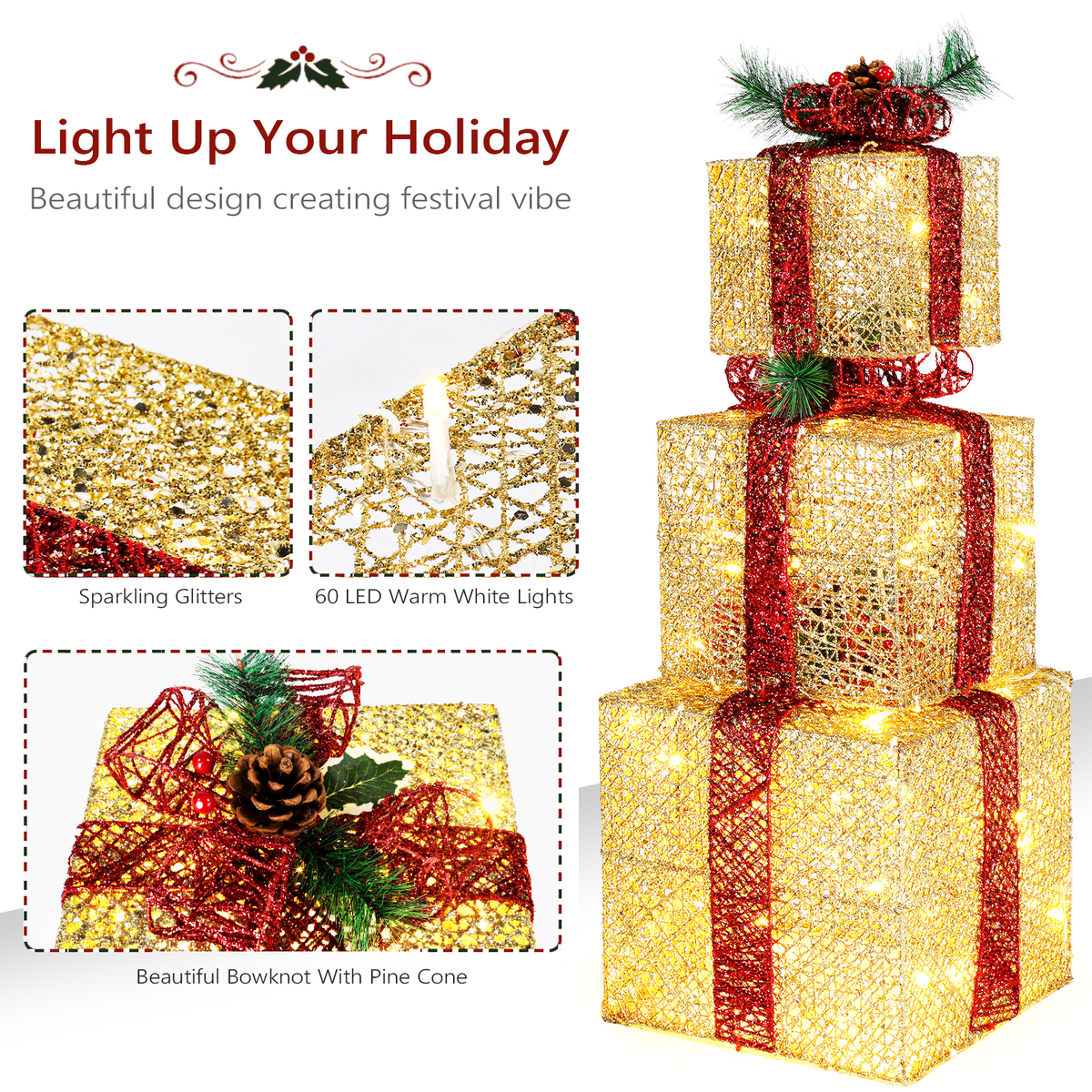 Ktaxon 3pcs Lighted Gift Boxes Decorations Christmas Tree Decor Lighted Gift Boxes Decorations for Garden Yard Home