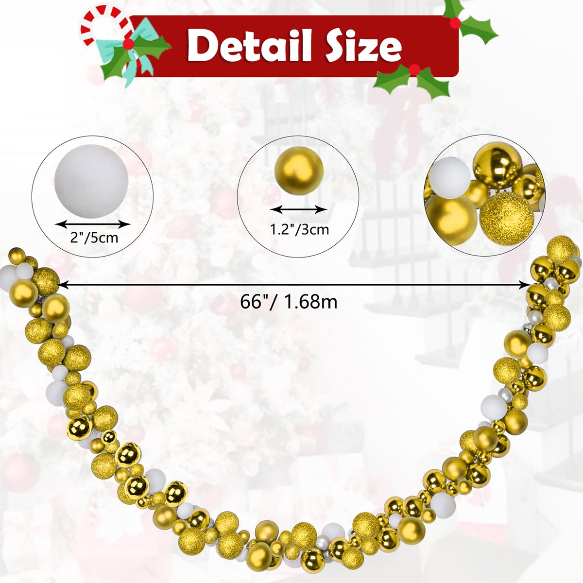 GnFlus 6Ft Christmas Ball Garland Ornaments Shatterproof Xmas Hanging Balls Holiday Party Wedding Christmas Tree Home Decor White & Gold