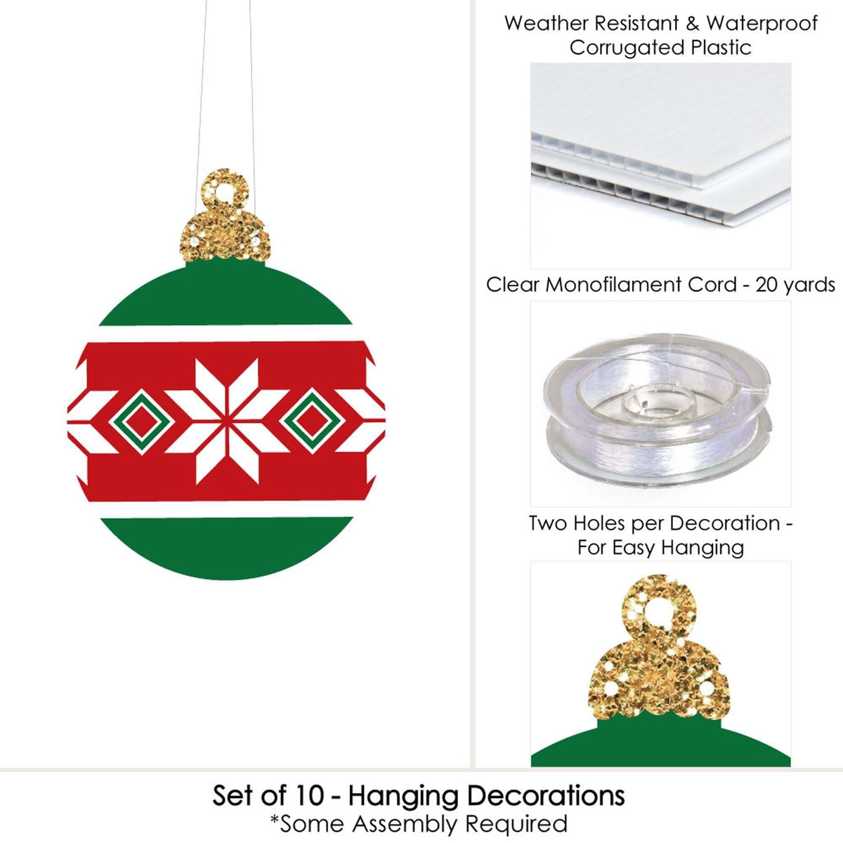 Big Dot of Happiness Hanging Ornaments - Outdoor Holiday and Christmas Hanging Porch & Tree Yard Decorations - 10 Pieces