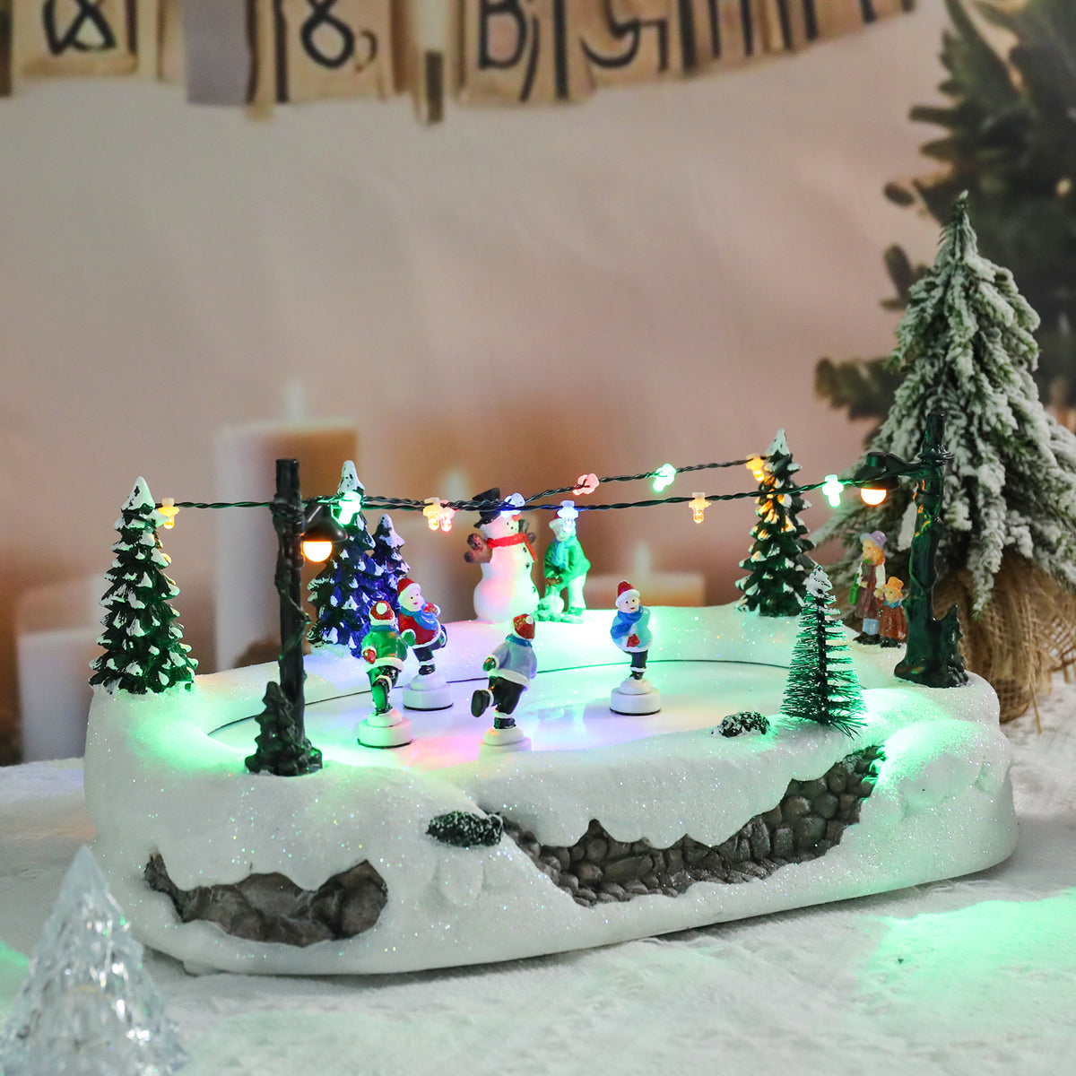 Christmas Village-Christmas Village Ice Skating Scene Decor with LED Lights,Festive Tabletop Decoration Featuring Skaters, Snowman & Trees, Ideal for Indoor Holiday Decor,Christmas Electric Decor