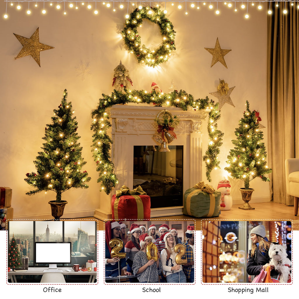 Costway 4pcs Pre-lit Christmas Decoration Set w/ Garland Wreath & Entrance Trees