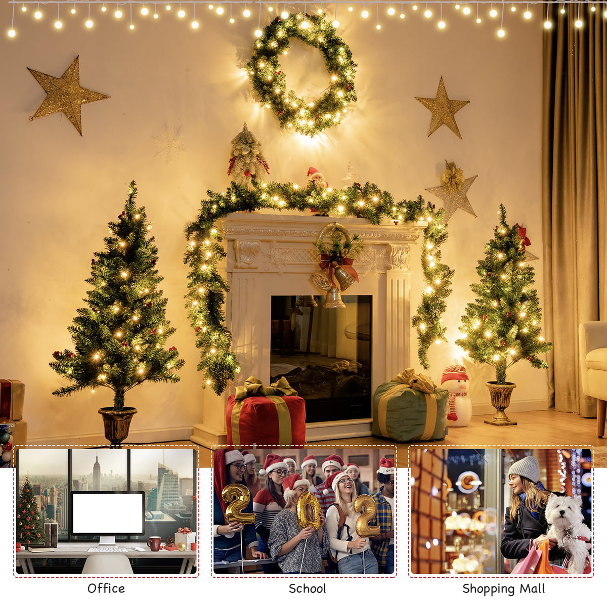 Costway 4pcs Pre-lit Christmas Decoration Set w/ Garland Wreath & Entrance Trees