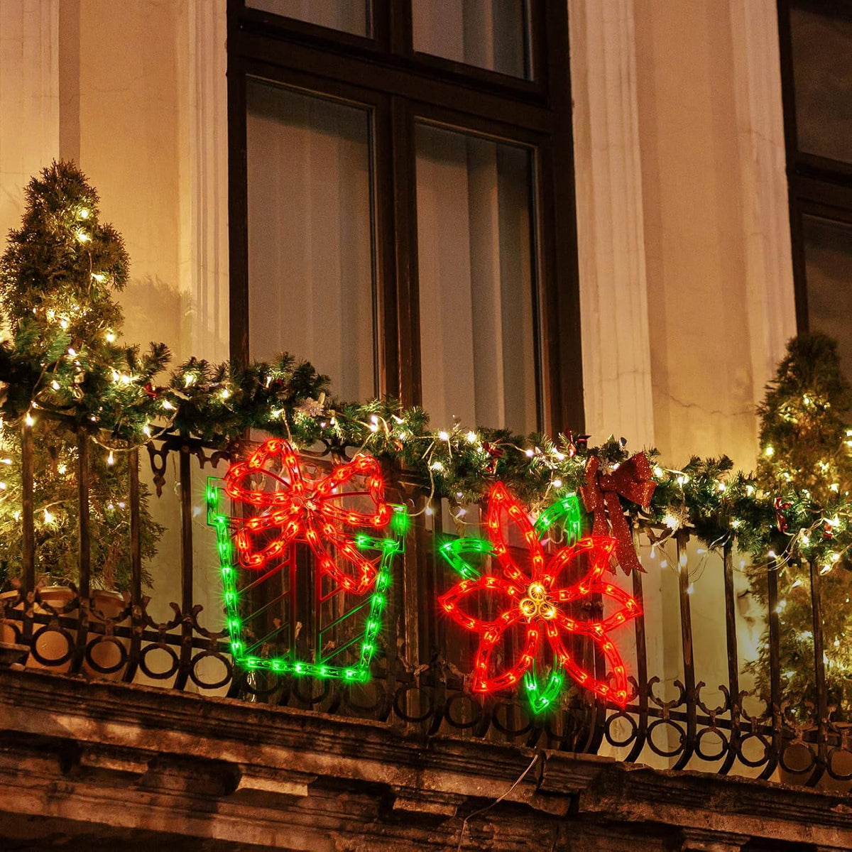 2PACK Lighted Poinsettia Flower and Xmas Gift Christmas Window Silhouette Decoration Lights for Christmas,Party,Home,Patio Lawn,Garden