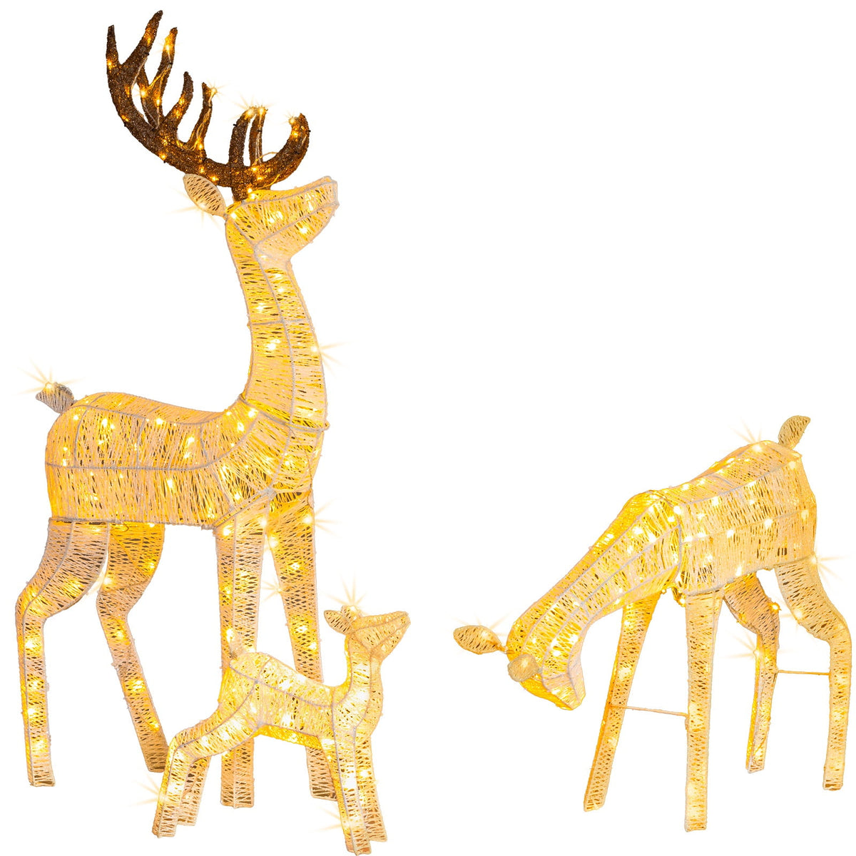 Christmas Decoration for Outdoor, Golden Lighted Christmas Deer Reindeer Family Set, 3 PCS Christmas Ornament with 280 Warm Lights, for Yard Patio Garden Party Home Decor