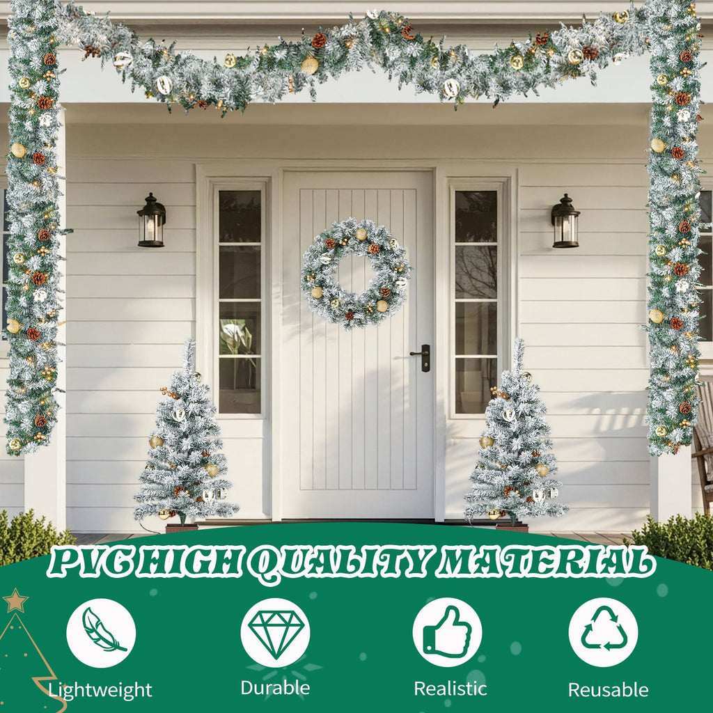 Pre-Lit Christmas Tree Decorations Set, 4 Pcs Indoor Outdoor Christmas Decorations W/ 2 Lighted Christmas Trees Wreath Garland, Artificial Christmas Xmas Decorations with 10 Light Modes, Dark Green