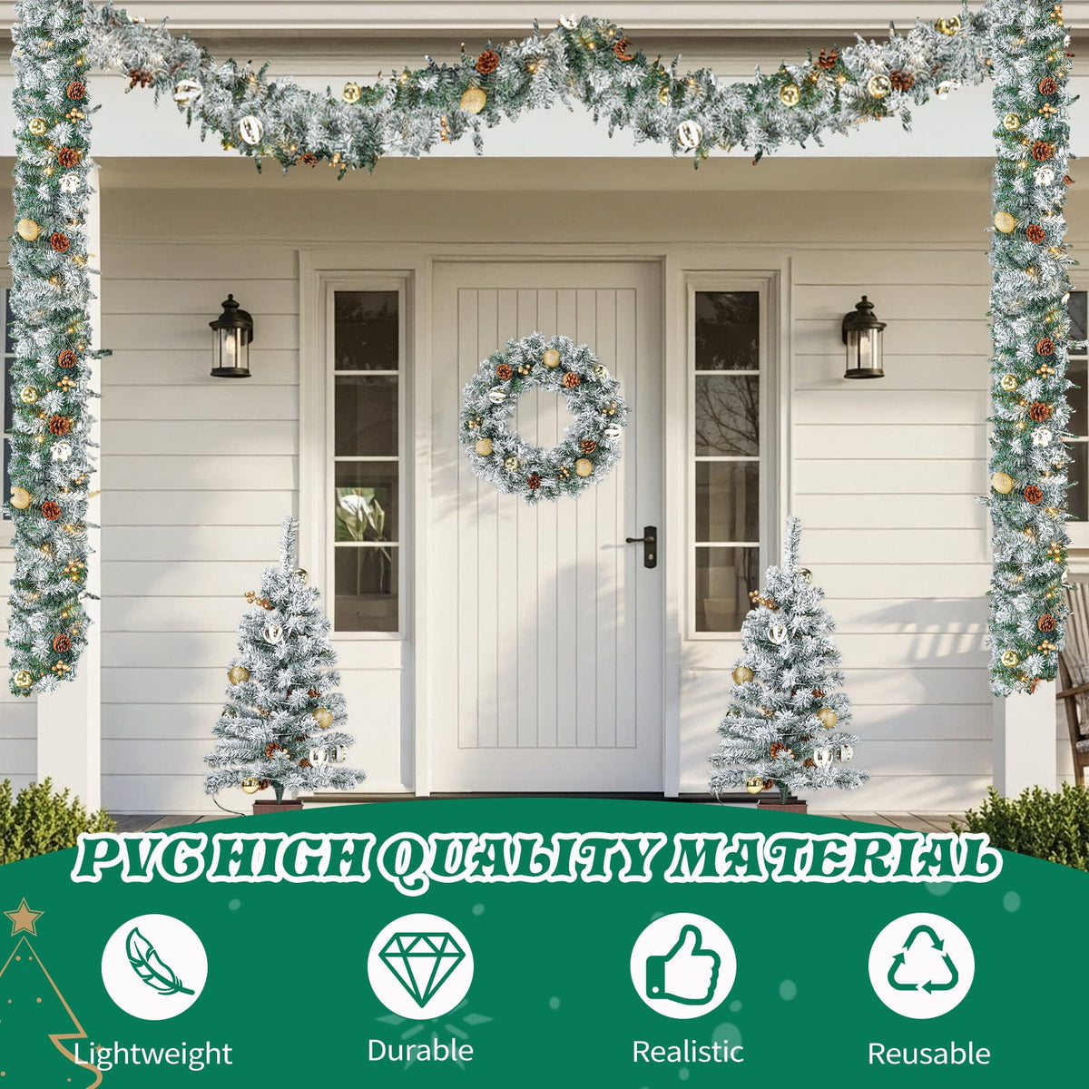 Pre-Lit Christmas Tree Decorations Set, 4 Pcs Indoor Outdoor Christmas Decorations W/ 2 Lighted Christmas Trees Wreath Garland, Artificial Christmas Xmas Decorations with 10 Light Modes, Dark Green