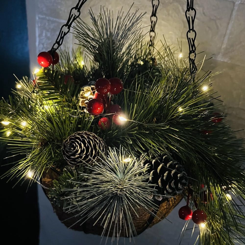 Chanana 2026New Pre-Lit Artificial Christmas Hanging Basket, Outdoor Decoration with Pine Red Berries Pinecones, Festive Planter LED Lights for Porch, Front Door, Home, Garden, Patio, Lawn (2PC)
