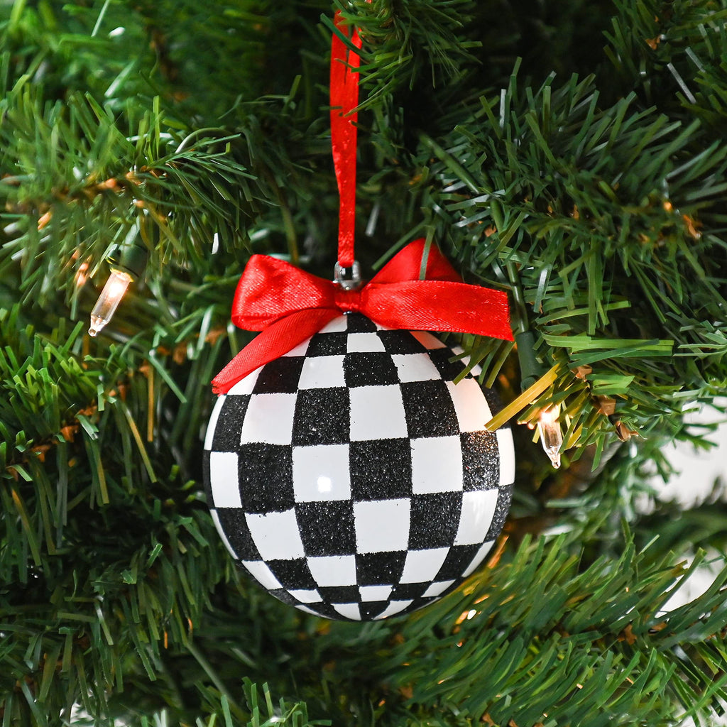 Ornativity Black and White Ornaments - Glittered Black and White Checkered Ball Ornament with Red Bow and String Christmas Tree Decoration Set - Pack of 12