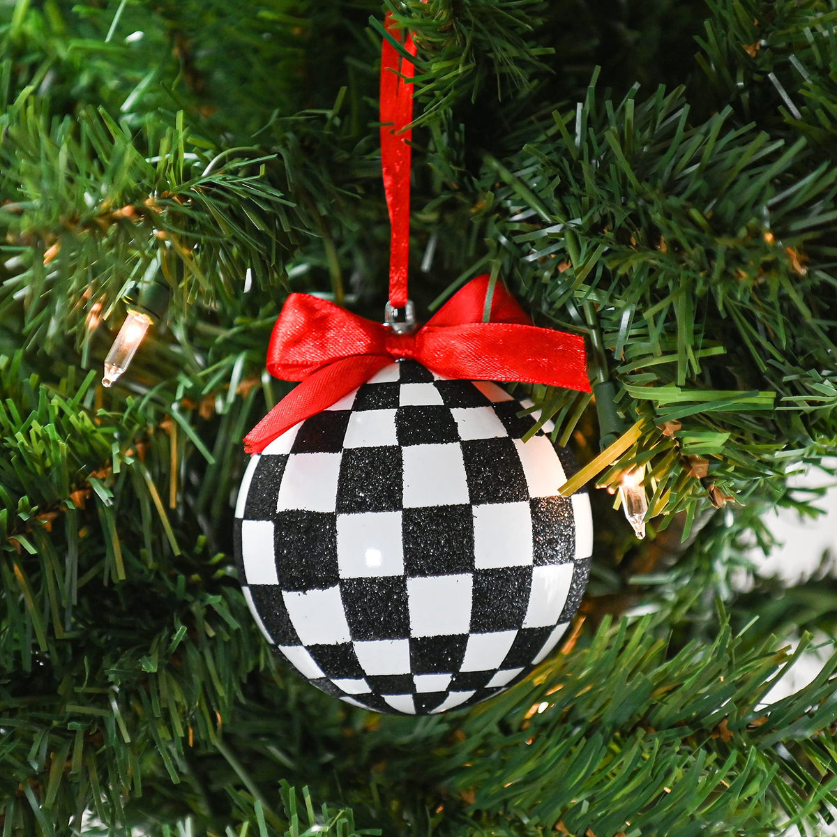 Ornativity Black and White Ornaments - Glittered Black and White Checkered Ball Ornament with Red Bow and String Christmas Tree Decoration Set - Pack of 12