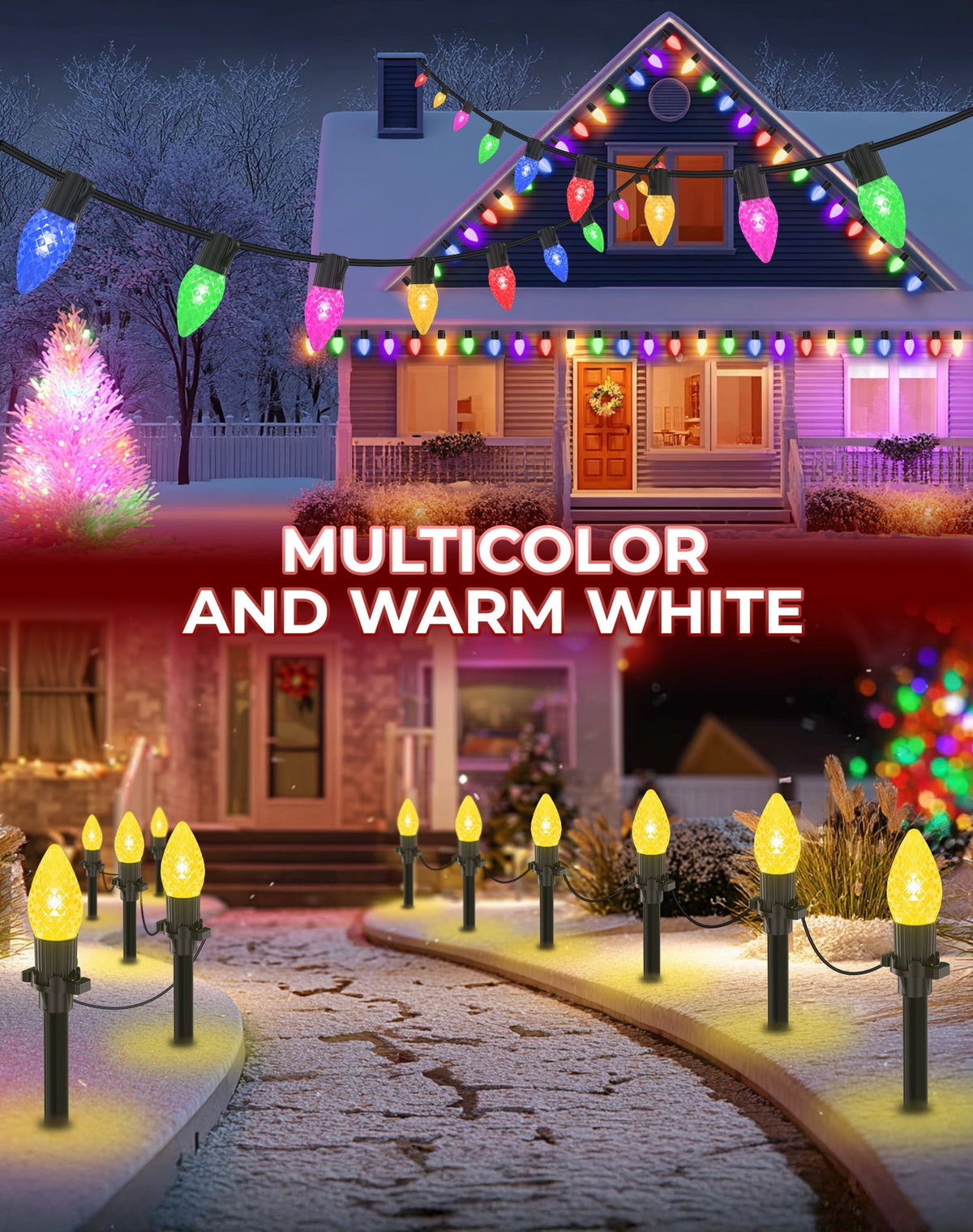 2 IN 1 Solar Christmas Lights C9 LED 33FT 25 LED with Ground Stakes Hanging Design Warm White Multicolor 8 Modes Waterproof for Garden Walkway Patio Christmas Decor