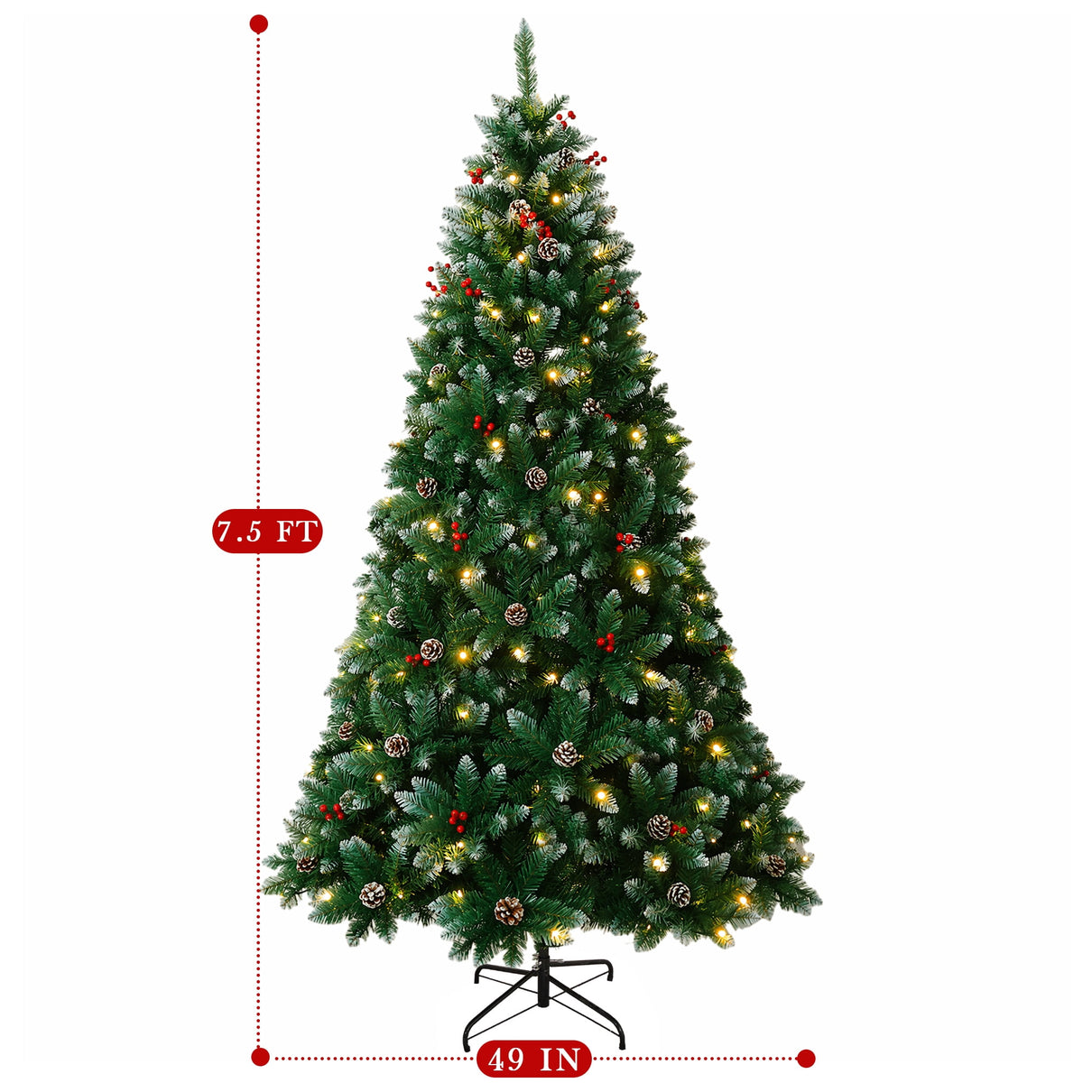 Yexmas 7.5FT Pre-Lit Christmas Tree with Pinecones and Red Berries,Artificial Green Xmas Tree with Large Storage Bag for Home, Office, Party Decoration