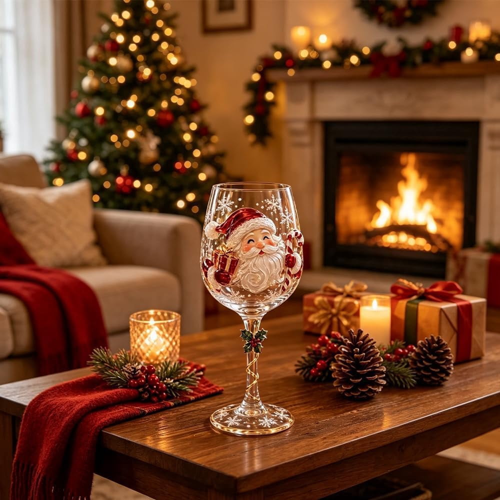 Christmas 3D Wine Glass Collection Gift Box Set, 3D Santa Christmas Wine Glass, Raised Holiday Goblet with Snowflake Decor, Festive Glassware for Wine, Cocktails, Holiday Party & Table Decor