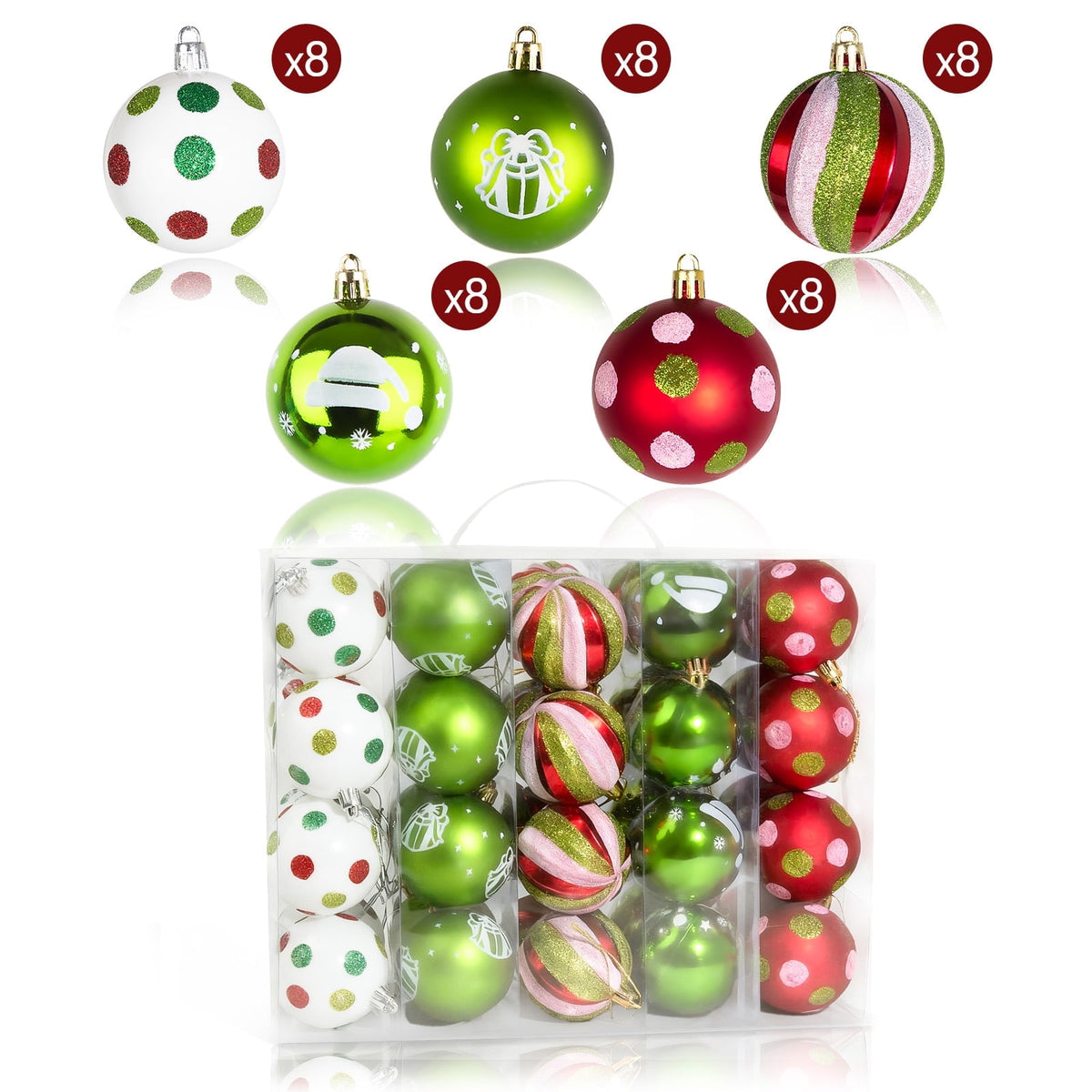 Sinkoo 40pcs Christmas Ornaments for Christmas Tree, 2.4" Glittering Red Green White Christmas Balls, Shatterproof Hanging Decor for Home Party Decor