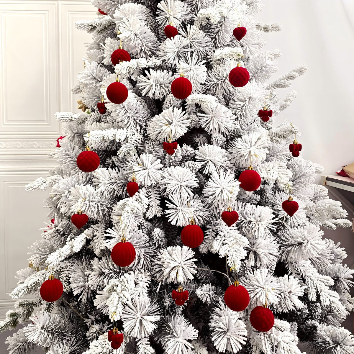 Sddec 32PCS Christmas Balls Ornaments, Dark Red Flocked Fabric, Hanging Strings, 5 styles, for Xmas Tree Wedding Holiday Party Home Decor