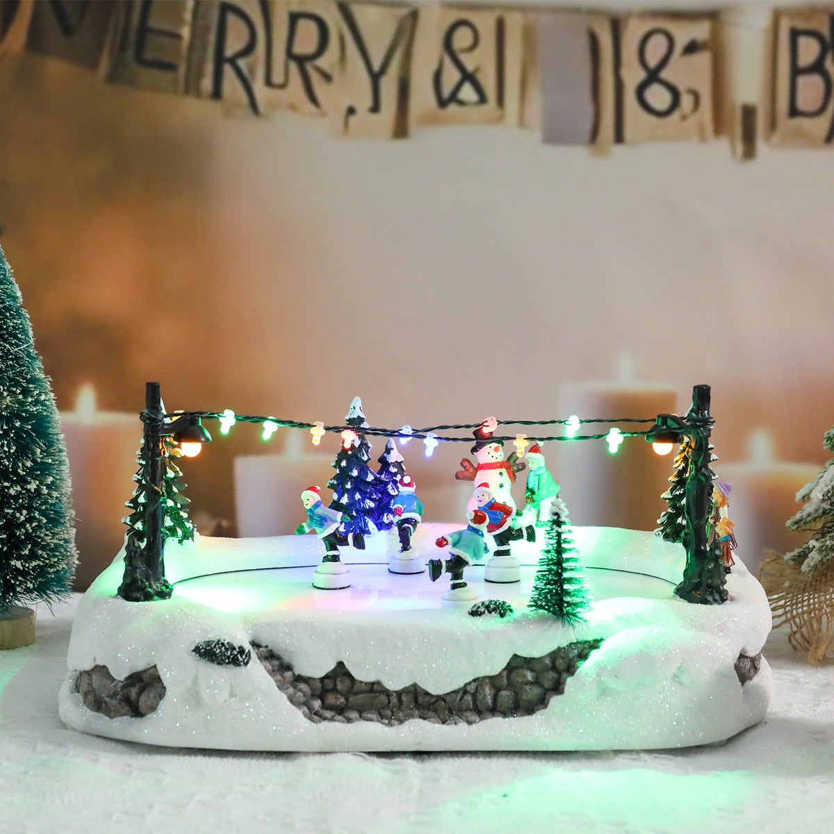 Christmas Village-Christmas Village Ice Skating Scene Decor with LED Lights,Festive Tabletop Decoration Featuring Skaters, Snowman & Trees, Ideal for Indoor Holiday Decor,Christmas Electric Decor