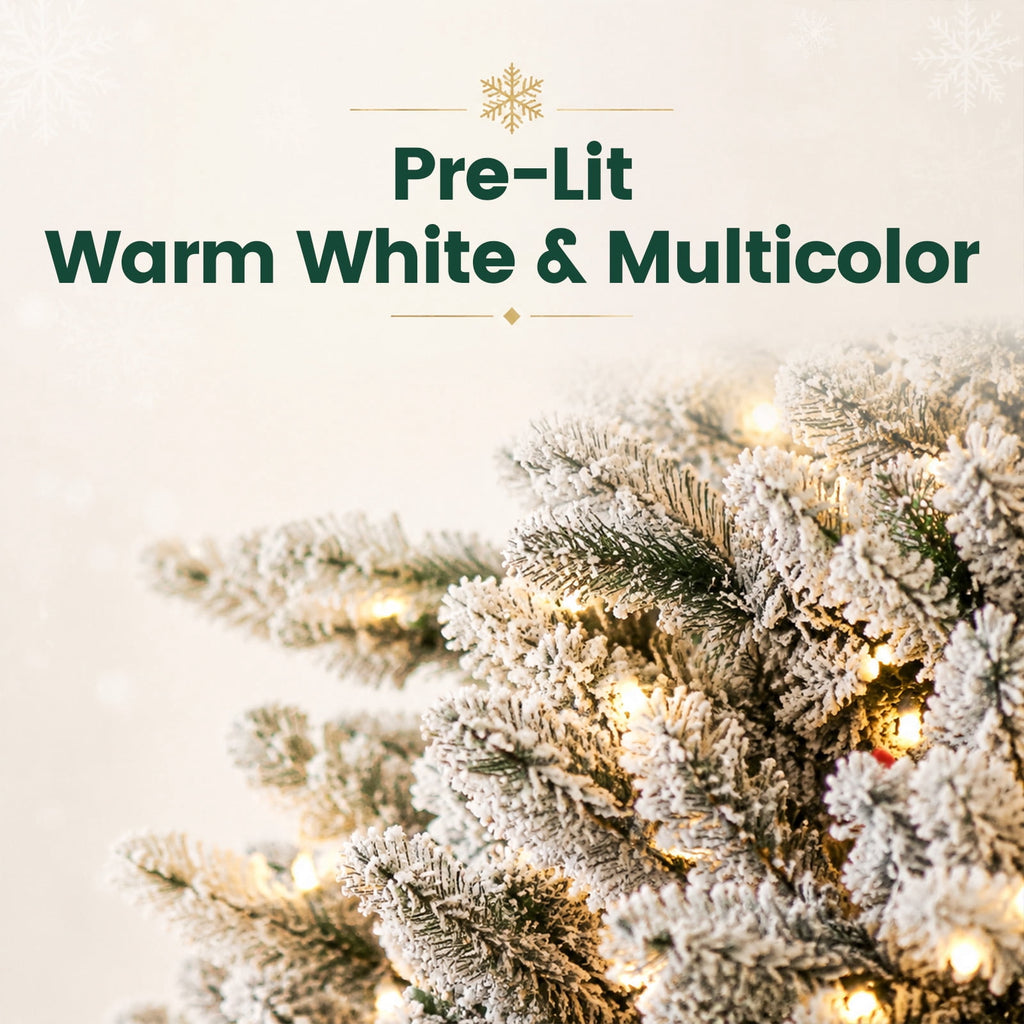 FUNDAZE 6FT Pre-Lit Snow Flocked Slim Artificial Christmas Tree, 550 Tips, 200 Dual-Color LED Lights & 11 Modes for Home, Party & Garden