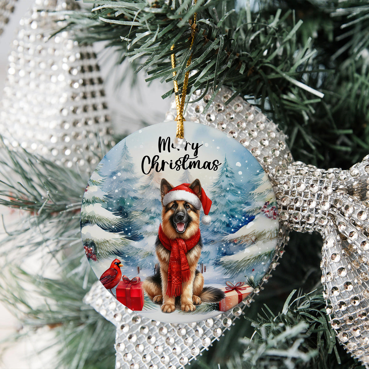 Merry Christmas German Shepherd Enjoys Woofmas Winter Xmas Holiday Ceramic Round Ornament Alsatian Dog Lover Gifts Home Tree Decor - 02022