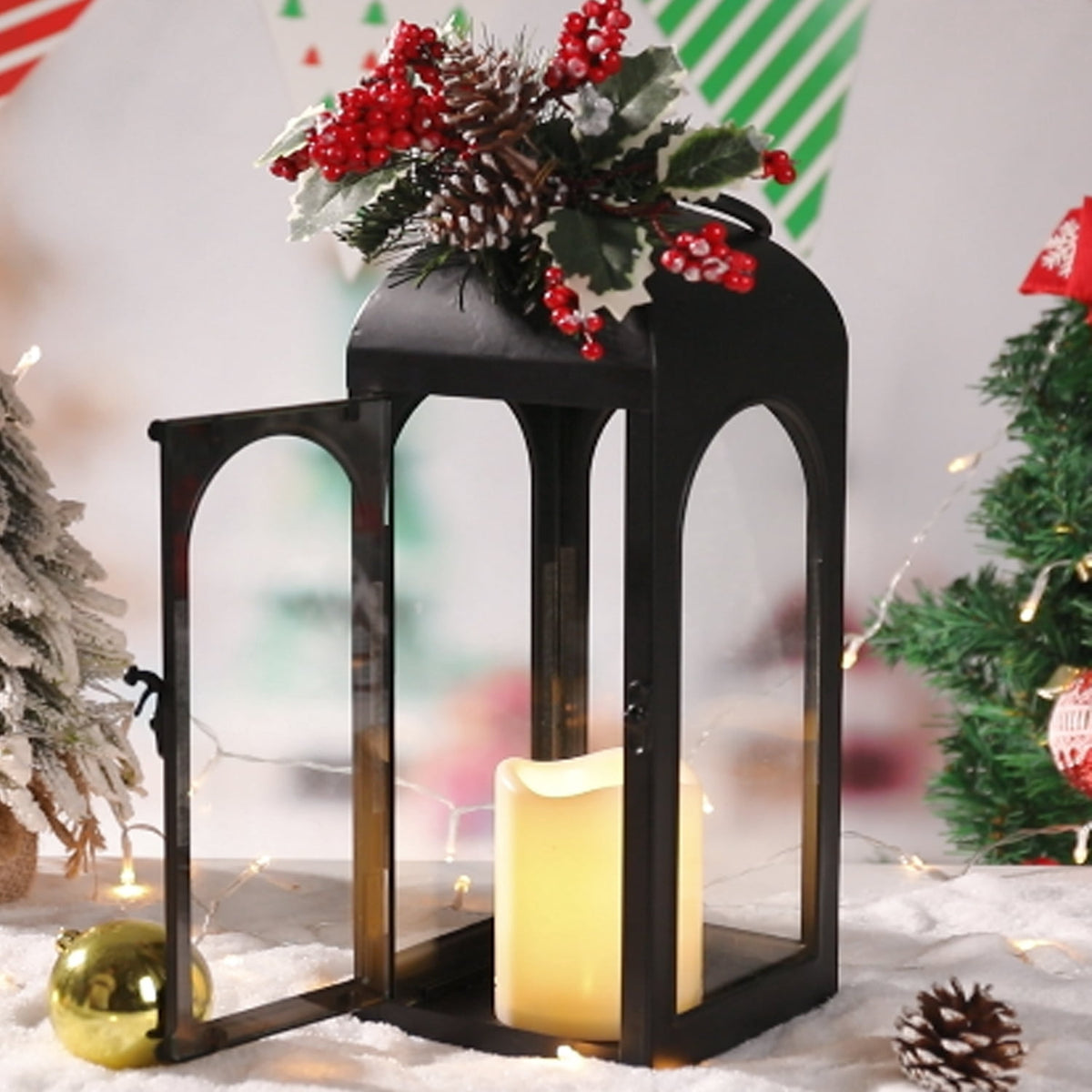Christmas Decorative Lantern with LED Flameless Candle & Holiday Greenery,Black Metal Lantern with LED Candle Lit Decorations,Christmas Decor