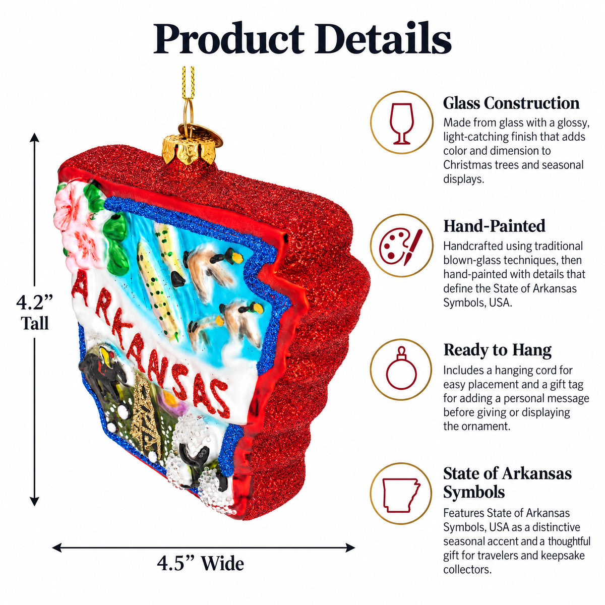 State of Arkansas Symbols, USA Glass Christmas Ornament