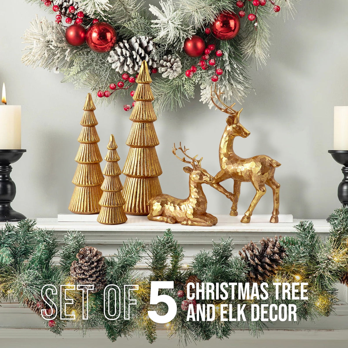  5PCS Tree and Reindeer Decoration, Christmas Tree Reindeer Figurines, Christmas Decortion Indoor (Rose Gold)