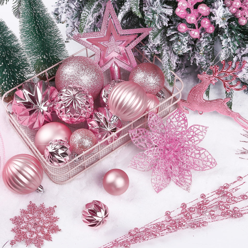 Leyaron Christmas Tree Ornaments, 105PCS Christmas Balls Set with Star Poinsettia Flower Berries Stems for Trees Holiday Xmas Decor, Pink