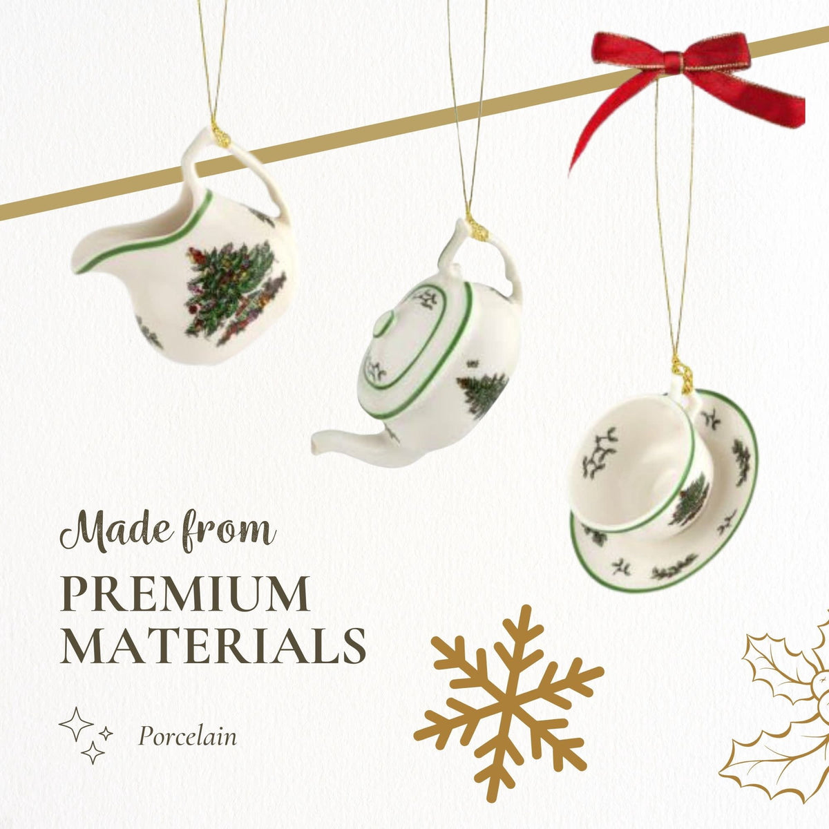 Spode Christmas Tree 3-Piece Tea Set Ornament, Durable Holiday Ornament for Festive Decor & Winter Wonderland Display - Sleek Seasonal Ornaments for Tree, Mantel, Holiday Home Decoration