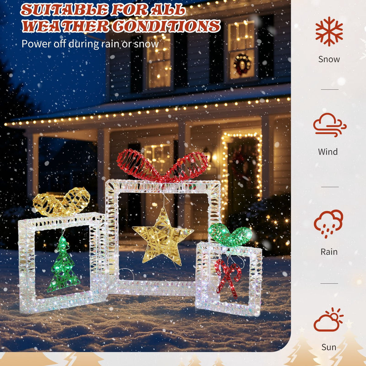 Set of 3 Lighted Iridescent Cut-out Gift Box Christmas Decorations, Pre-lit Holiday Decor with 357 White LED Lights for Xmas Outdoor Indoor Decor Lighted Holiday Displays