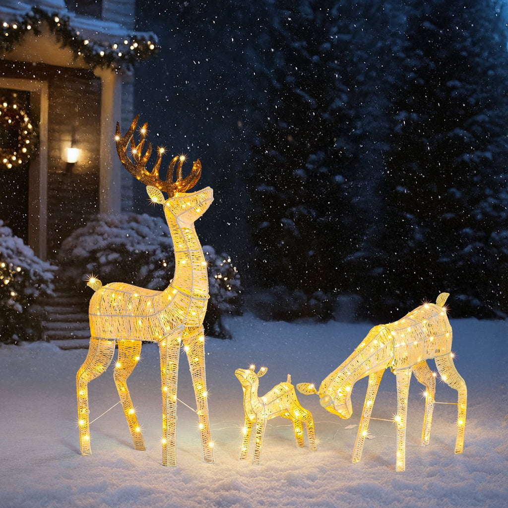 Christmas Decoration for Outdoor, Golden Lighted Christmas Deer Reindeer Family Set, 3 PCS Christmas Ornament with 280 Warm Lights, for Yard Patio Garden Party Home Decor