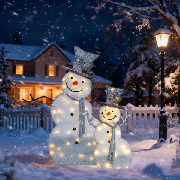 2-Pack Lighted Snowman Christmas Decorations, 80 Warm White LEDs, Sparkling Tinsel Fabric, Collapsible for Indoor or Outdoor Use