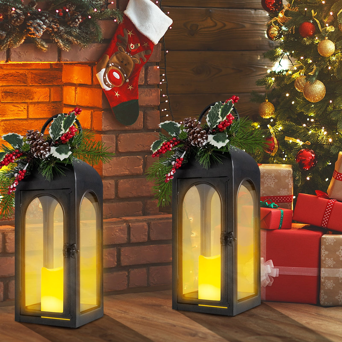 Christmas Decorative Lantern with LED Flameless Candle & Holiday Greenery,Black Metal Lantern with LED Candle Lit Decorations,Christmas Decor