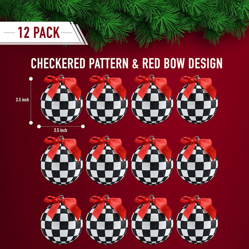 Ornativity Black and White Ornaments - Glittered Black and White Checkered Ball Ornament with Red Bow and String Christmas Tree Decoration Set - Pack of 12