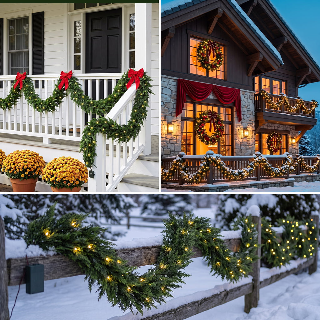 9ft Artificial Cedar Garland with Lights, Norfolk Pine Christmas Garland for Holiday Winter Mantle, Wall, Fireplace, Staircase Indoor Outdoor Decor