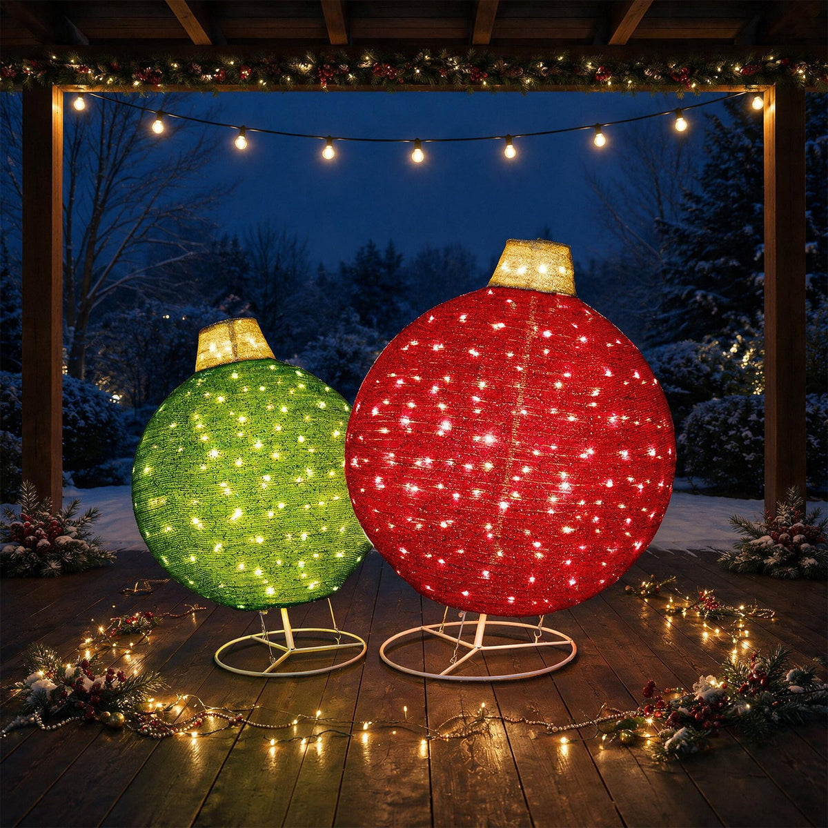ROMSWI 2pc Iron Christmas Ornament Decoration Pop-up Hanging for Xmas Outdoor Holiday w/230 LED Light Assorted Colors - 30" & 24" Set