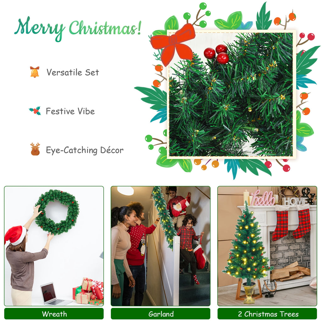 Gymax 4PCS Pre-Lit Artificial Christmas Decoration Set Holiday Decor w/ LED Lights