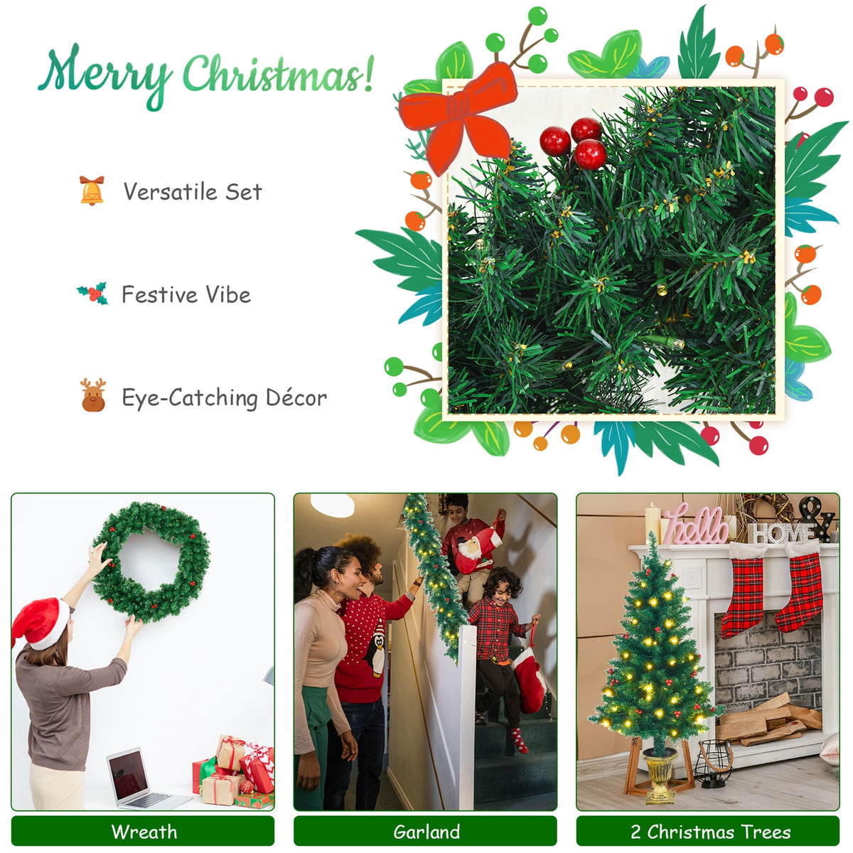 Gymax 4PCS Pre-Lit Artificial Christmas Decoration Set Holiday Decor w/ LED Lights