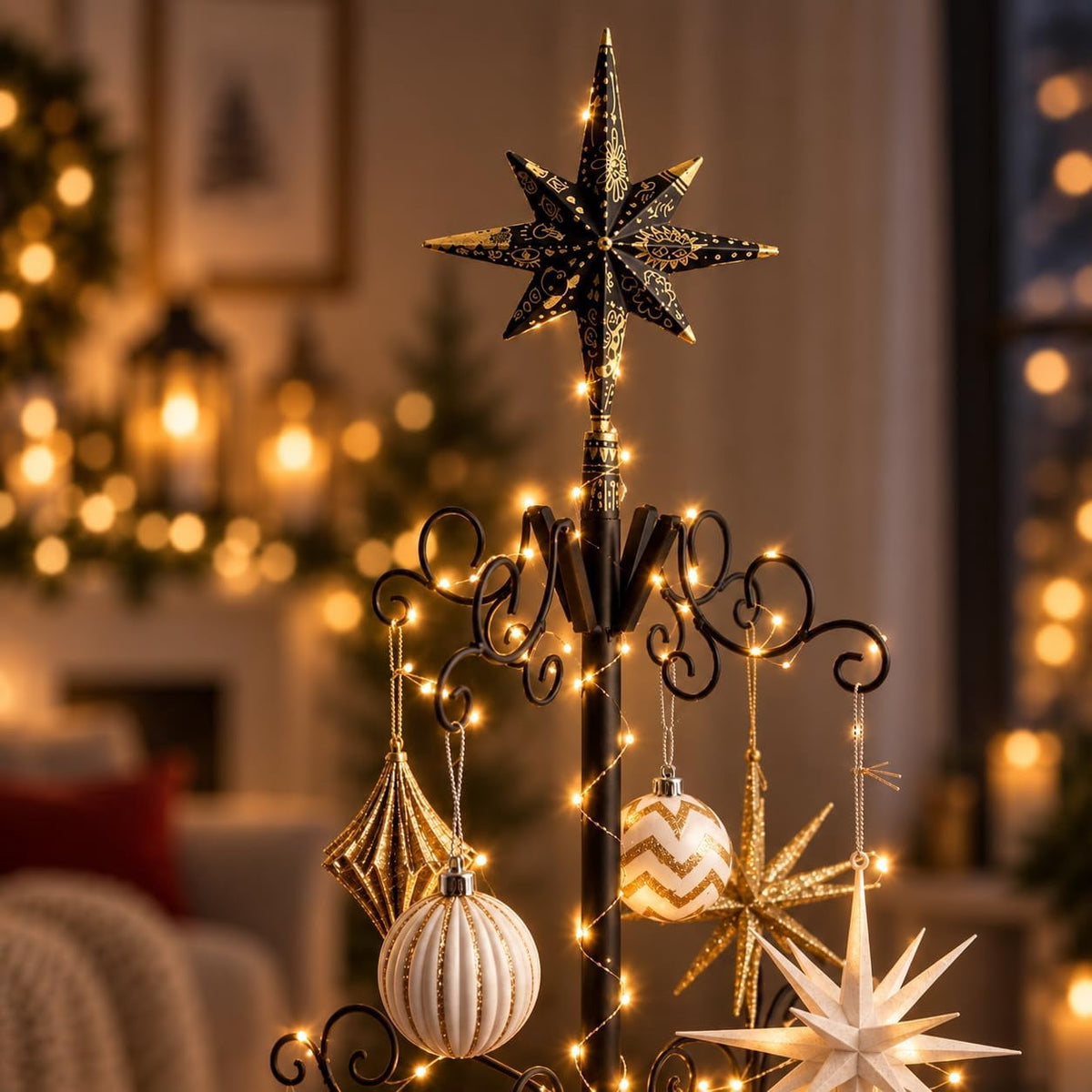 Barton Wrought Iron Christmas Tree Ornament Display Stand, 6.4' Metal Holder with 138 Hooks, Black
