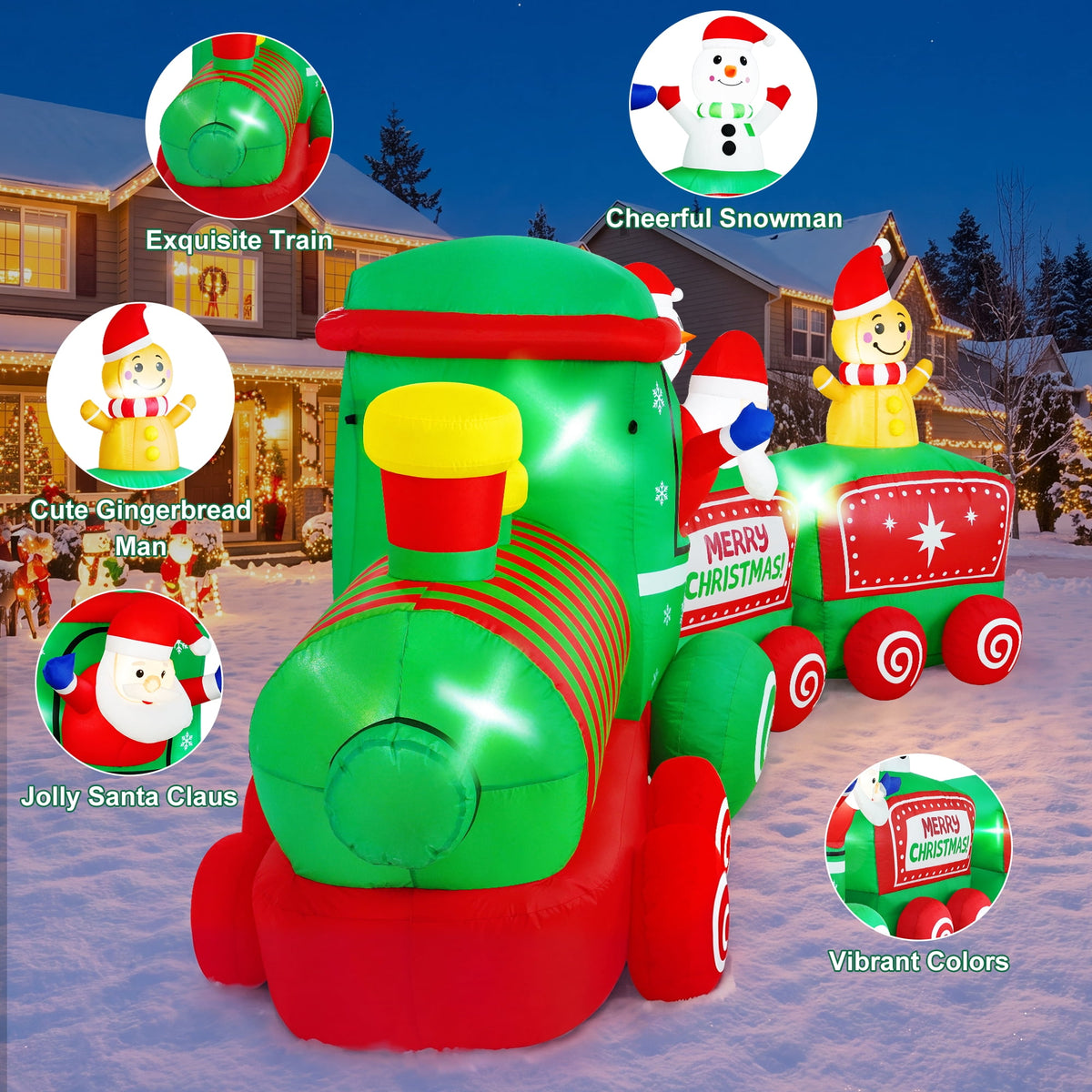 Yexmas 12FT Christmas Inflatable Train, Blow up Yard Decor Built-in LED Lights with Santa Snowman Gingerbread Man for Holiday Christmas Party Yard Garden and Lawn