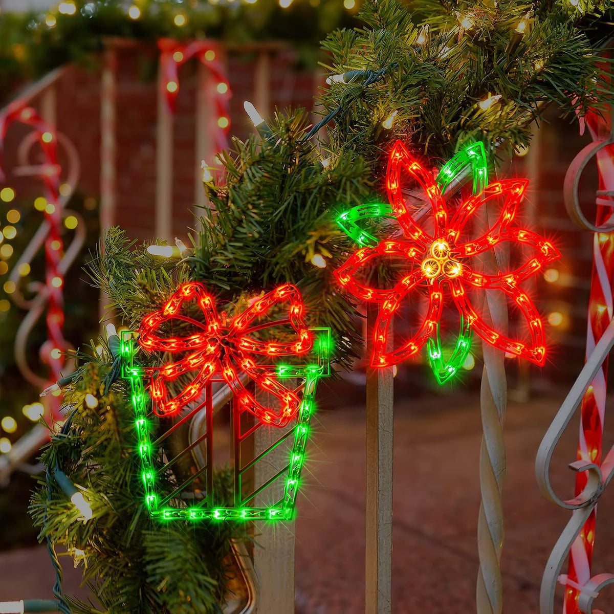 2PACK Lighted Poinsettia Flower and Xmas Gift Christmas Window Silhouette Decoration Lights for Christmas,Party,Home,Patio Lawn,Garden