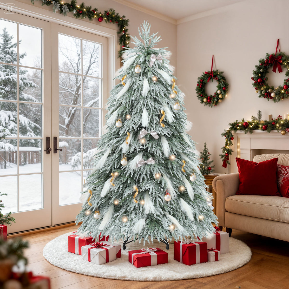 Dextrus 6ft Pre-Lit Flocked Natural Drooping Pampas Christmas Tree with 30 Feathers,Holiday Decoration Christmas Tree with 355 Branch Tips and 400 Lights, for Home, Office, and Party Decor