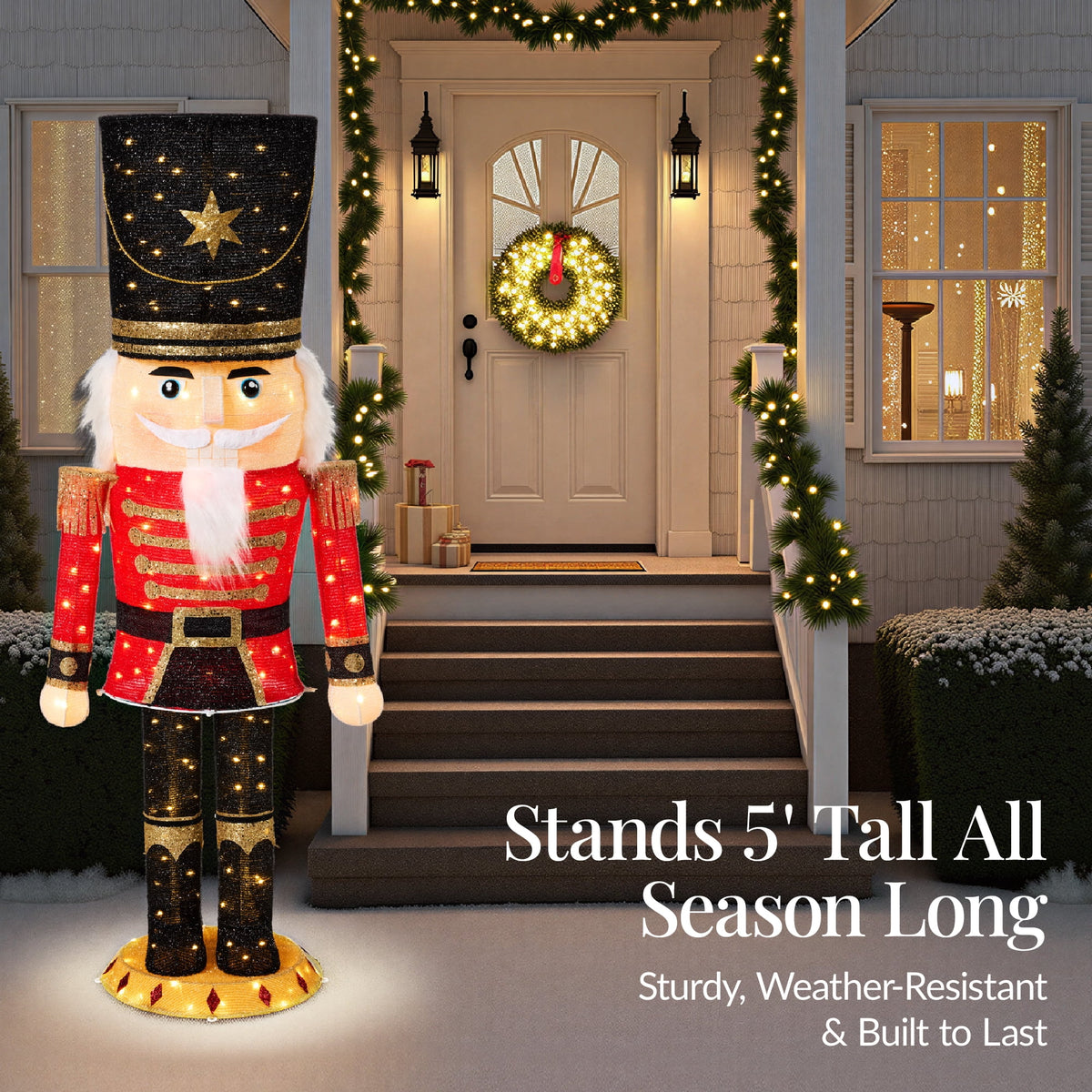 Christmas Nutcracker 5ft Pop upLighted Large Holiday Decoration w/150 Pre-Lit Twinkling LED lights for Outdoor, Indoor - Red/Black