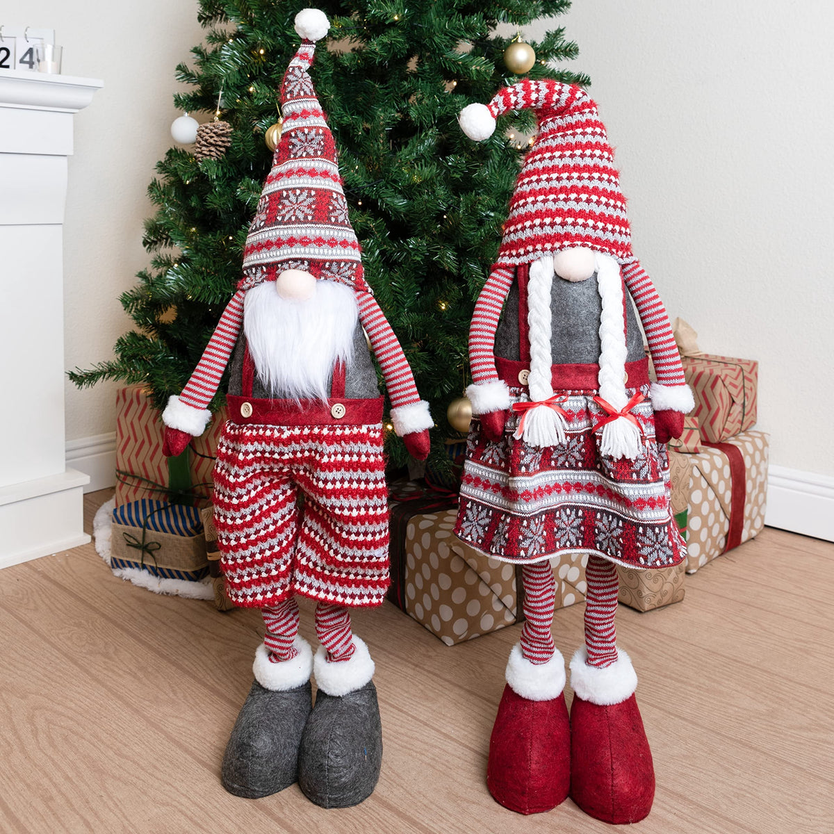 Joyfy 40" Christmas Gnomes Plush Decorations,Standing Couple Decoration Knitting Style with Long Retractable Legs,Tomte Handmade Gnome Gift,Holiday Home Decor Christmas Indoor Decor