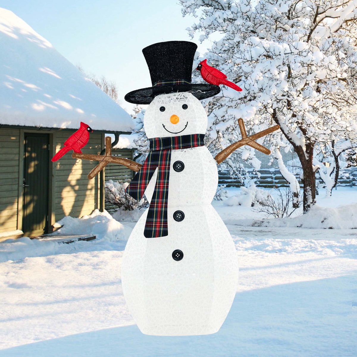 Costway 4.2 FT Pre-Lit Snowman & Redbirds Christmas Decoration with LED Lights Holiday