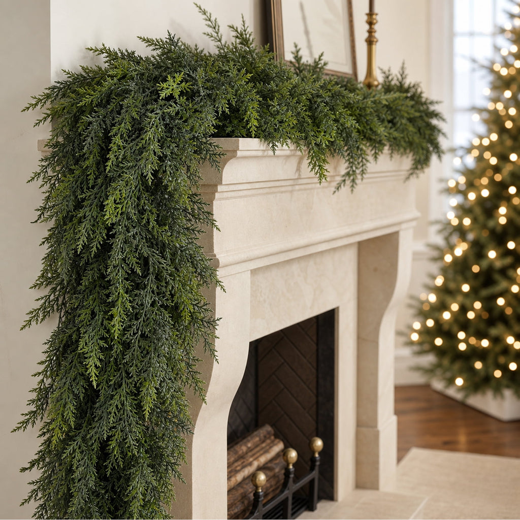  2Pcs 6FT Artificial Christmas Cedar Garland, Realistic Faux Cypress Greenery Garland for Mantel, Stair Railing, Christmas Tree, Perfect Choice for Xmas Decoration