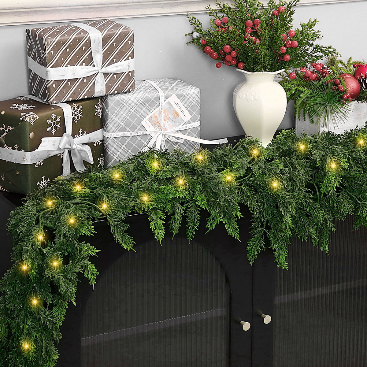 9ft Artificial Cedar Garland with Lights, Norfolk Pine Christmas Garland for Holiday Winter Mantle, Wall, Fireplace, Staircase Indoor Outdoor Decor