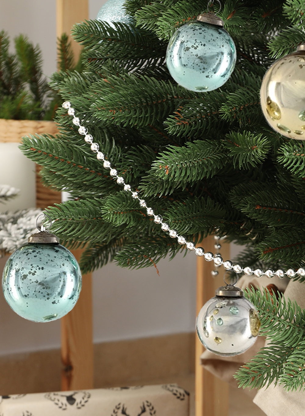 Serene Spaces Living Vintage Style Gold, Blue & Silver Glass Ball Ornaments, Set of 12