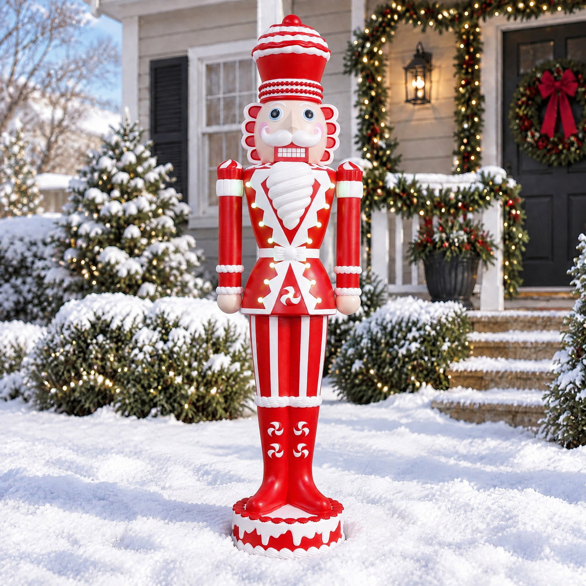 Lighted Blow Mold Candy Nutcracker Indoor/Outdoor Christmas Decoration, Red and White, 72", by 