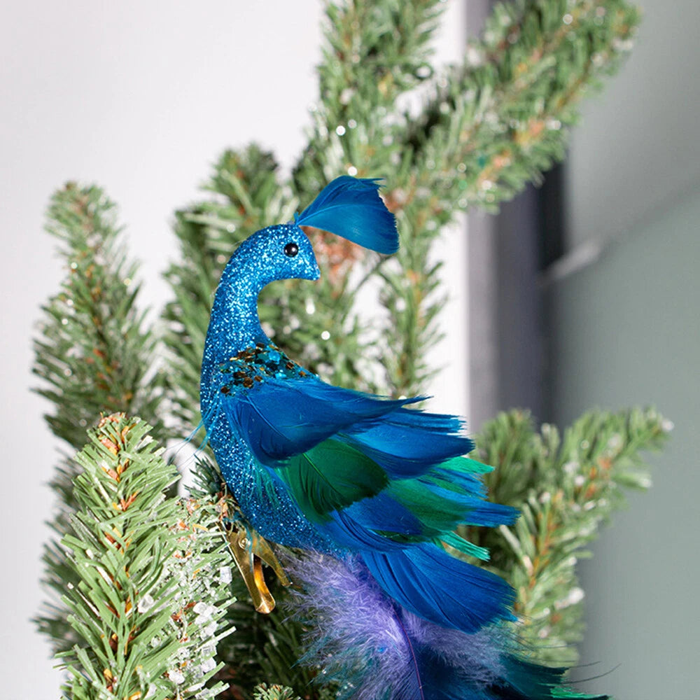 TOPCHANCES Glitter Peacock Ornaments with Clips, 19" Blue Christmas Tree Decoration Xmas Ornament Home Party Decor (8 Pack)